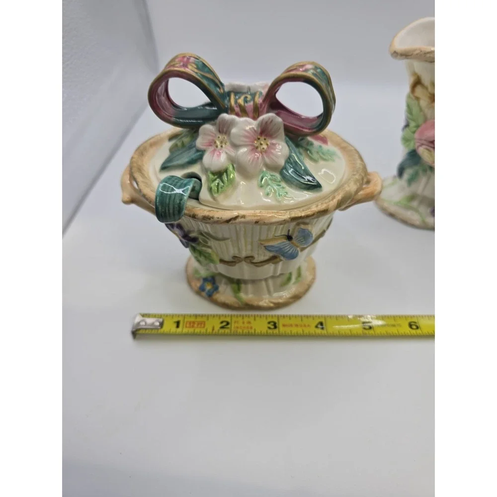 FITZ AND FLOYD Woodland Spring Sugar Bowl & Creamer Set w/lid & spoon